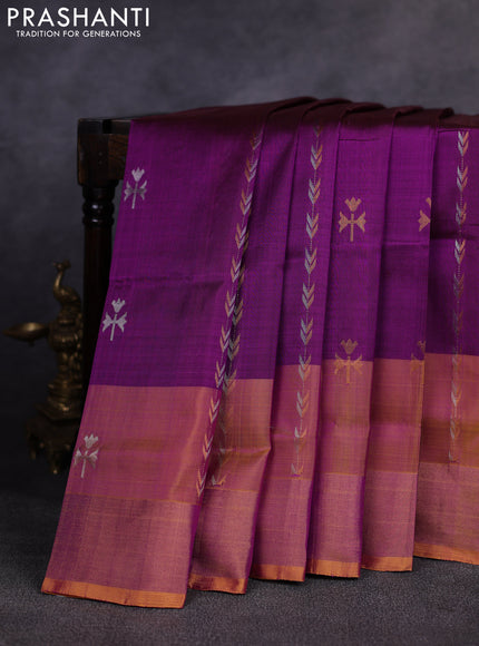 Pure uppada silk saree deep purple and dual shade of mustard yellow with allover silver & gold zari weaves & buttas and long zari woven border