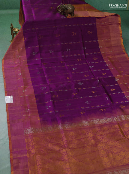 Pure uppada silk saree deep purple and dual shade of mustard yellow with allover silver & gold zari weaves & buttas and long zari woven border