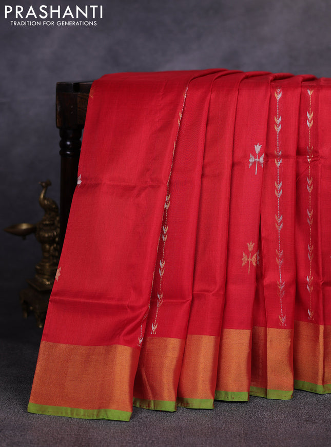 Pure uppada silk saree red and light green with allover silver & gold zari weaves & buttas and long zari woven border