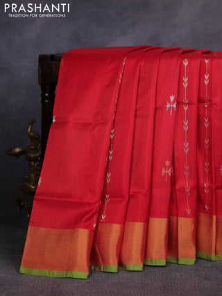Pure uppada silk saree red and light green with allover silver & gold zari weaves & buttas and long zari woven border