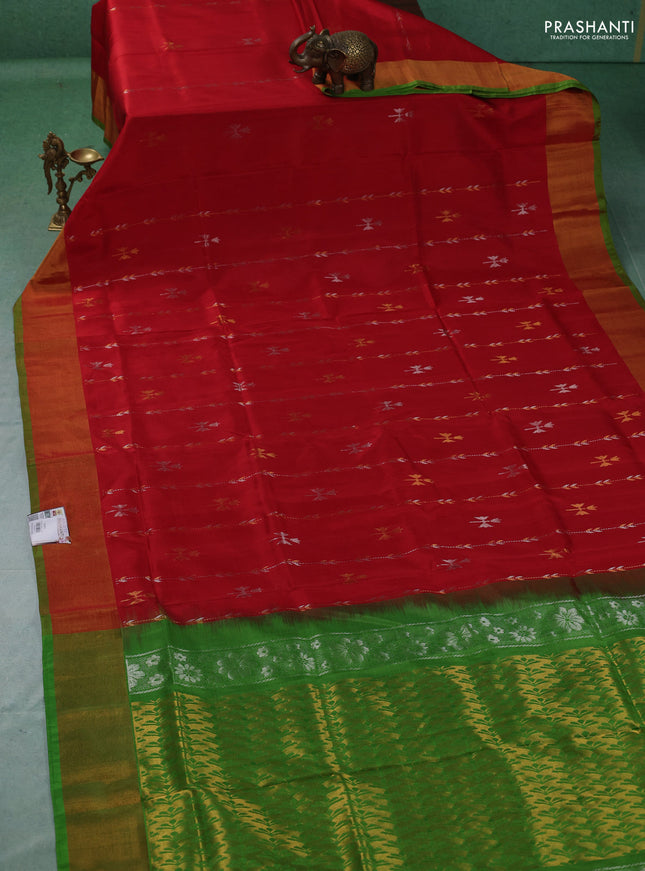 Pure uppada silk saree red and light green with allover silver & gold zari weaves & buttas and long zari woven border