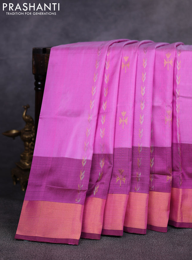 Pure uppada silk saree light pink and magenta pink with allover silver & gold zari weaves & buttas and long zari woven border