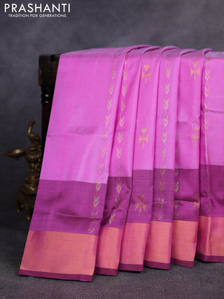 Pure uppada silk saree light pink and magenta pink with allover silver & gold zari weaves & buttas and long zari woven border