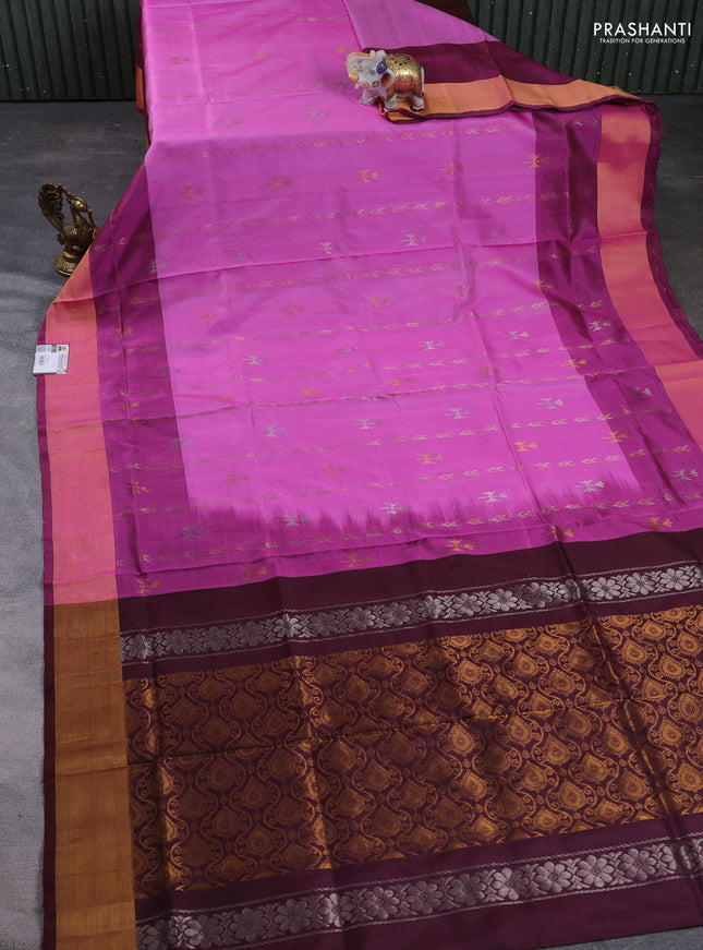 Pure uppada silk saree light pink and magenta pink with allover silver & gold zari weaves & buttas and long zari woven border
