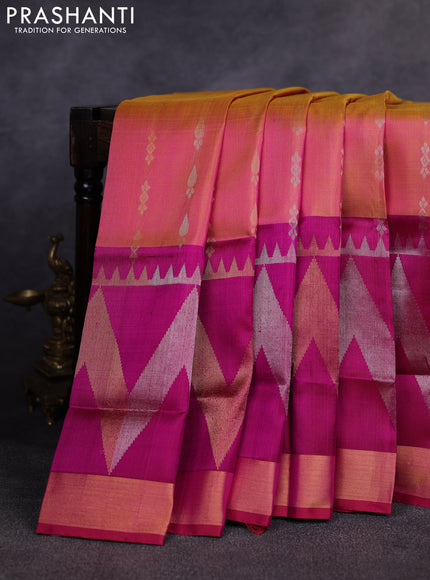 Pure uppada silk saree dual shade of mustard yellow and magenta pink with allover silver & gold zari woven buttas and long zari woven border