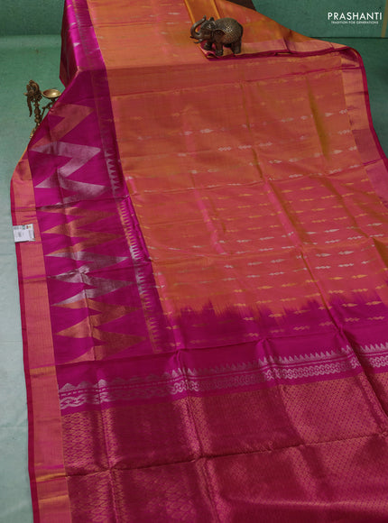 Pure uppada silk saree dual shade of mustard yellow and magenta pink with allover silver & gold zari woven buttas and long zari woven border