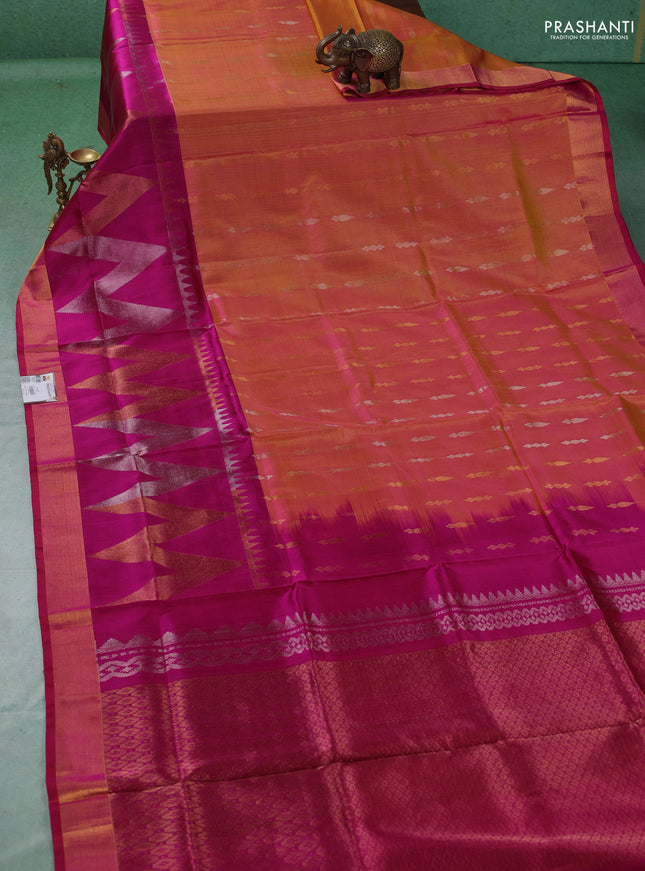 Pure uppada silk saree dual shade of mustard yellow and magenta pink with allover silver & gold zari woven buttas and long zari woven border