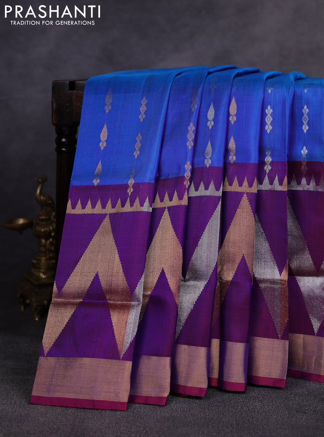 Pure uppada silk saree cs blue and dual shade of violet with allover silver & gold zari woven buttas and long zari woven border