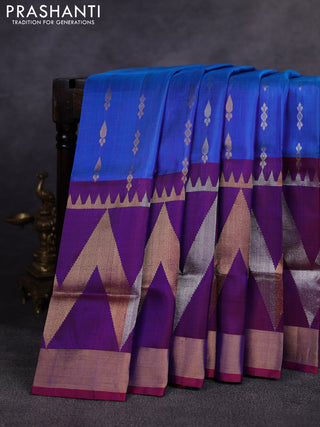 Pure uppada silk saree cs blue and dual shade of violet with allover silver & gold zari woven buttas and long zari woven border