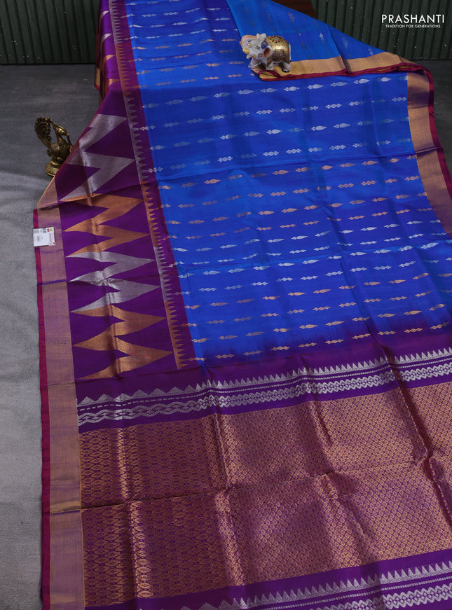 Pure uppada silk saree cs blue and dual shade of violet with allover silver & gold zari woven buttas and long zari woven border