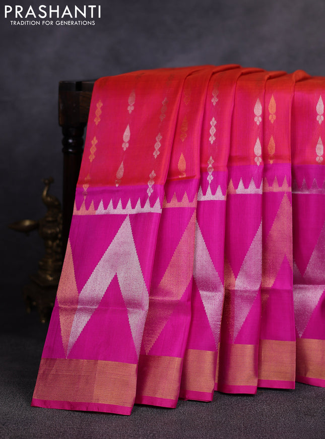 Pure uppada silk saree dual shade of pinkish orange and pink with allover silver & gold zari woven buttas and long zari woven border