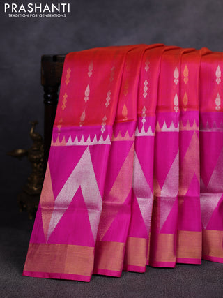 Pure uppada silk saree dual shade of pinkish orange and pink with allover silver & gold zari woven buttas and long zari woven border