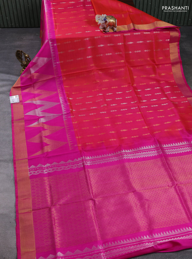 Pure uppada silk saree dual shade of pinkish orange and pink with allover silver & gold zari woven buttas and long zari woven border