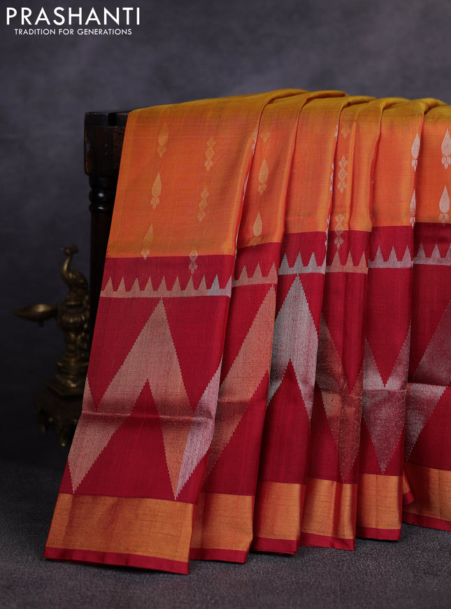 Pure uppada silk saree mustard yellow and maroon with allover silver & gold zari woven buttas and long zari woven border