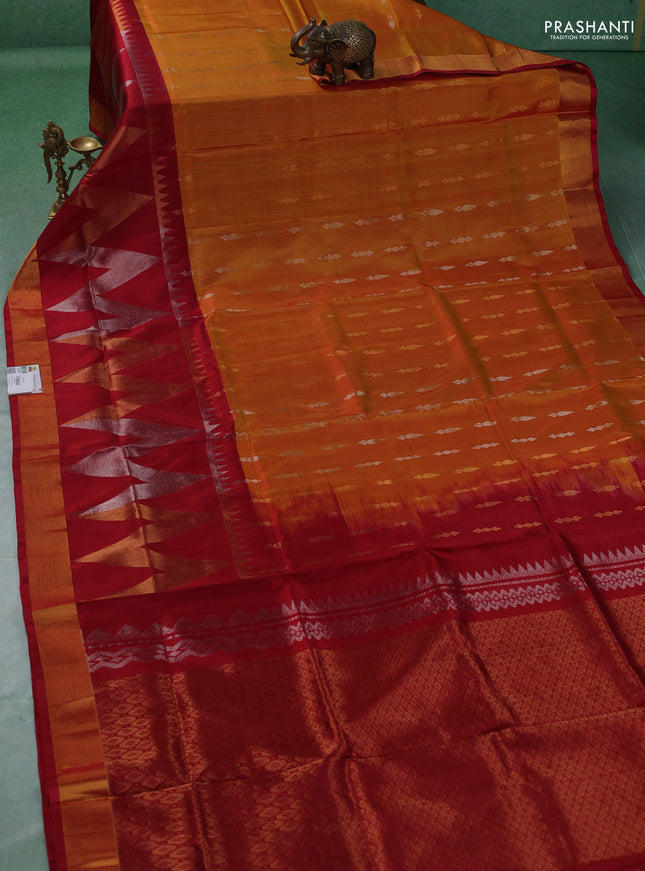 Pure uppada silk saree mustard yellow and maroon with allover silver & gold zari woven buttas and long zari woven border