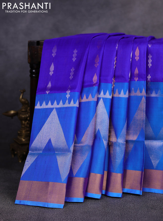 Pure uppada silk saree royal blue and cs blue with allover silver & gold zari woven buttas and long zari woven border