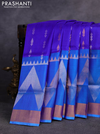 Pure uppada silk saree royal blue and cs blue with allover silver & gold zari woven buttas and long zari woven border