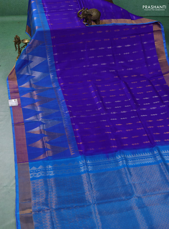 Pure uppada silk saree royal blue and cs blue with allover silver & gold zari woven buttas and long zari woven border