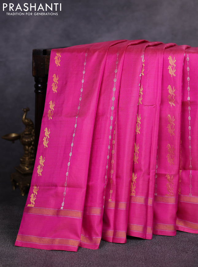 Pure uppada silk saree pink with allover silver & gold zari weaves & buttas and rettapet zari woven border