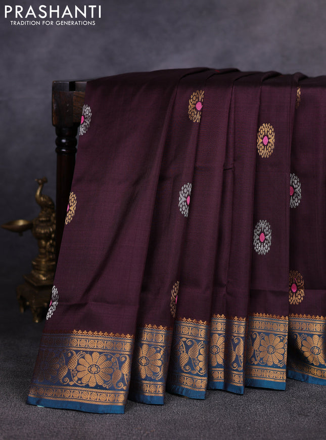 Pure uppada silk saree coffee brown and peacock blue with allover silver & gold zari woven buttas and zari woven border