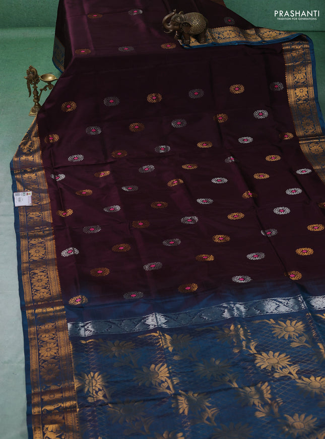 Pure uppada silk saree coffee brown and peacock blue with allover silver & gold zari woven buttas and zari woven border
