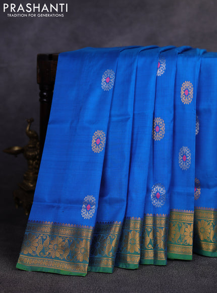 Pure uppada silk saree cs blue and green with allover silver & gold zari woven buttas and zari woven border