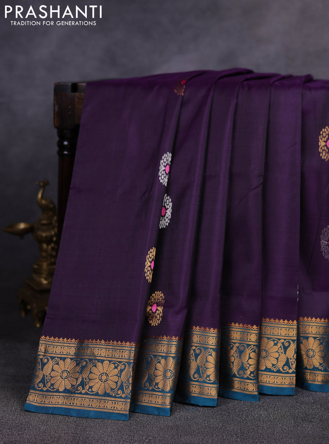 Pure uppada silk saree deep purple and teal blue with allover silver & gold zari woven buttas and zari woven border
