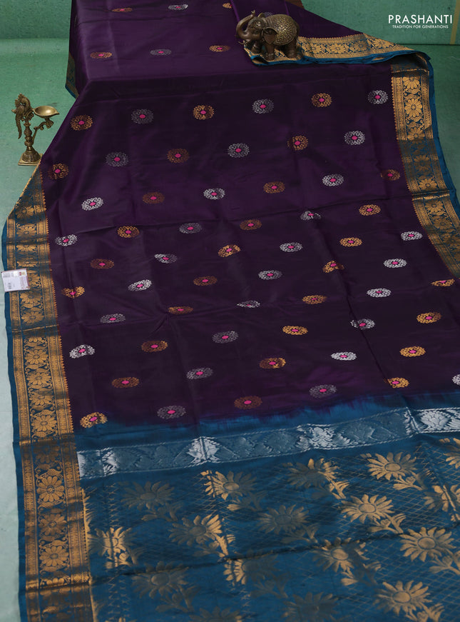 Pure uppada silk saree deep purple and teal blue with allover silver & gold zari woven buttas and zari woven border