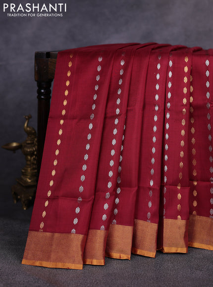Pure uppada silk saree maroon and mustard yellow with allover silver & gold zari woven buttas and zari woven border