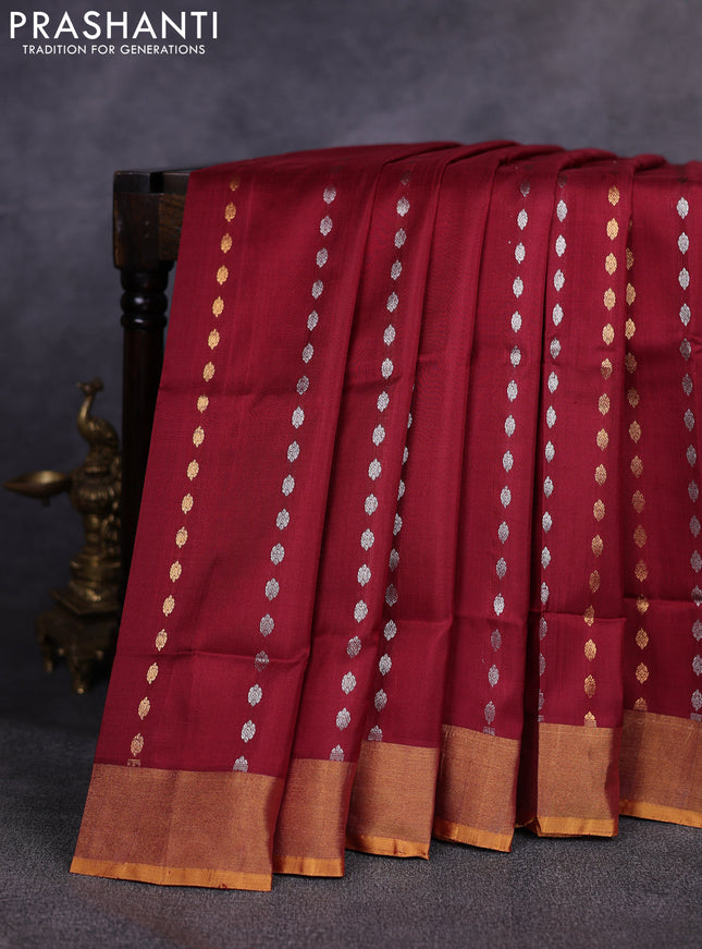 Pure uppada silk saree maroon and mustard yellow with allover silver & gold zari woven buttas and zari woven border