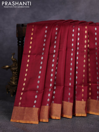 Pure uppada silk saree maroon and mustard yellow with allover silver & gold zari woven buttas and zari woven border