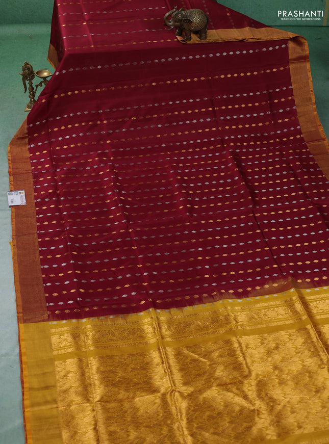 Pure uppada silk saree maroon and mustard yellow with allover silver & gold zari woven buttas and zari woven border