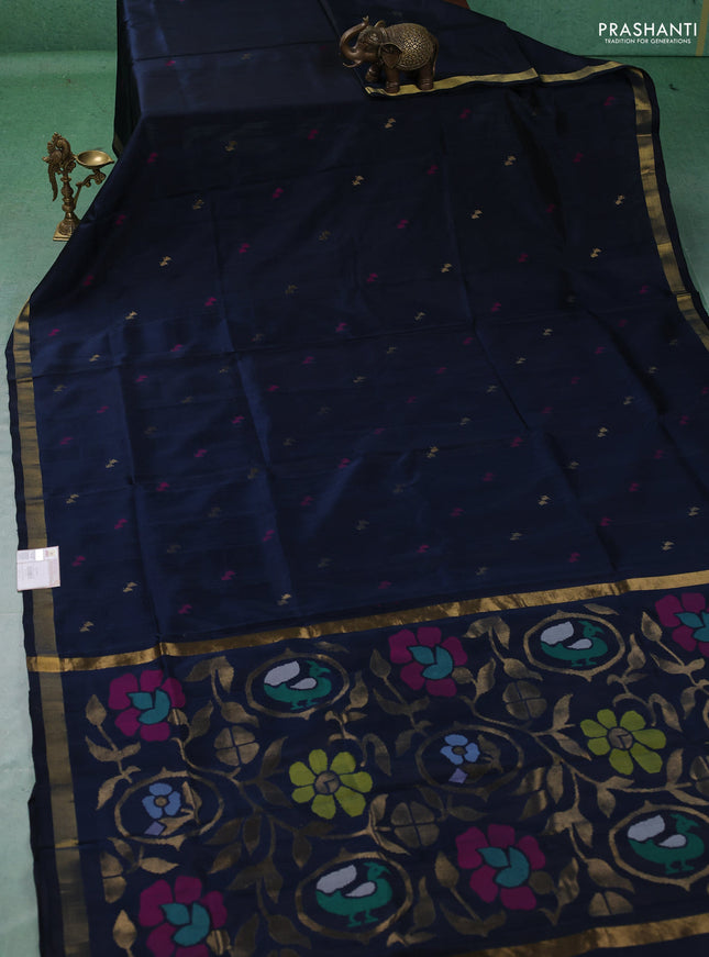 Pure uppada silk saree dark peacock green with allover thread & zari woven buttas and Jamdhani pallu