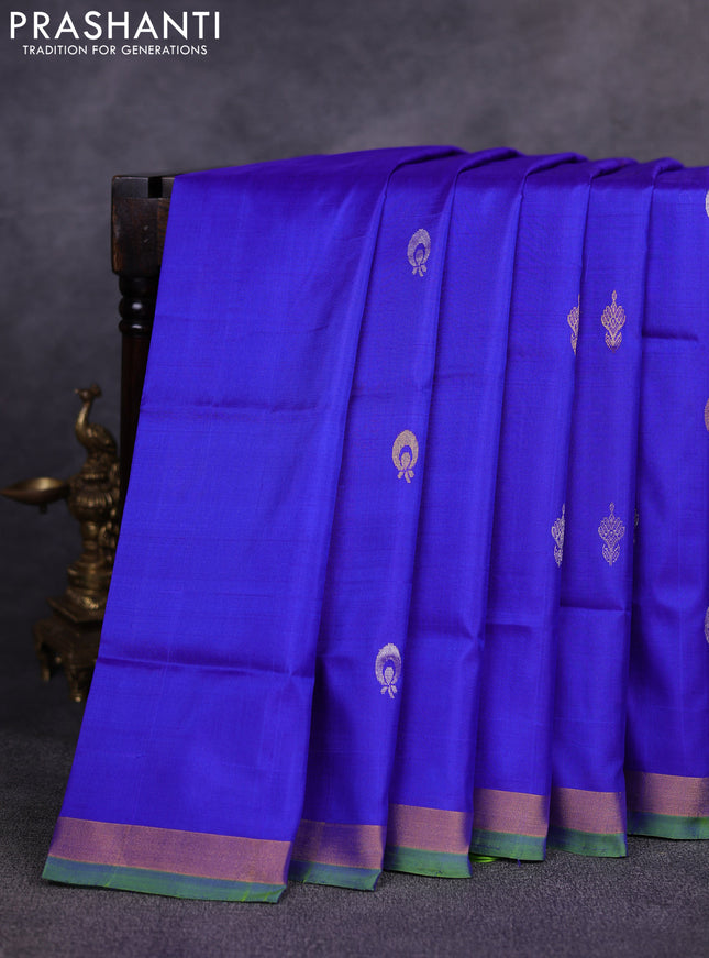 Pure uppada silk saree royal blue and light green with allover silver & zari woven buttas and zari woven border