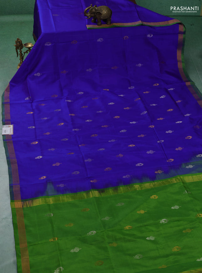 Pure uppada silk saree royal blue and light green with allover silver & zari woven buttas and zari woven border