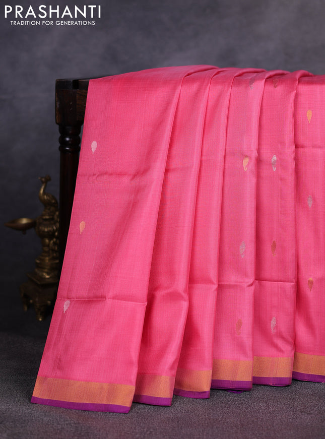 Pure uppada silk saree peach pink with allover thread & zari woven buttas and Jamdhani pallu