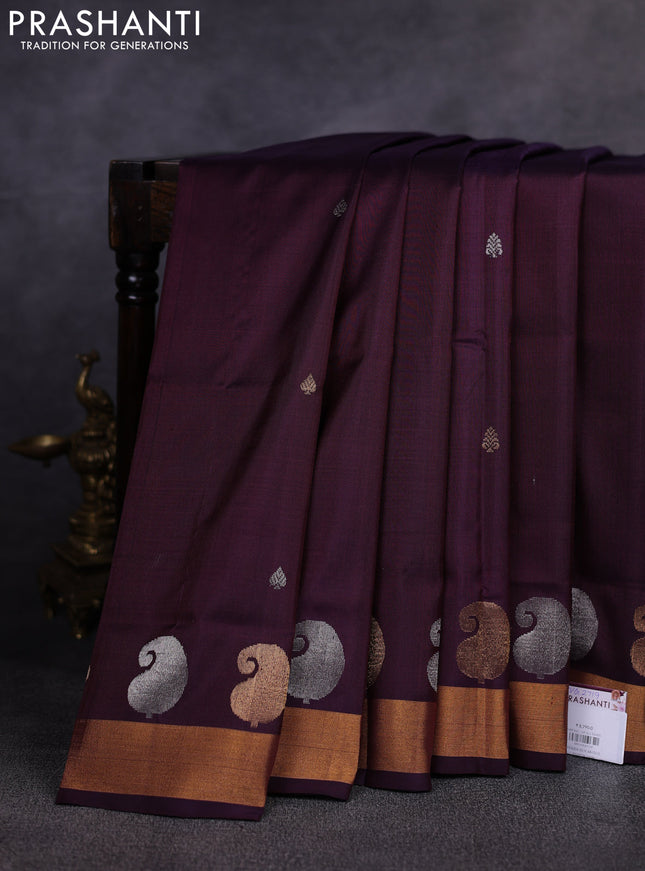Pure uppada silk saree deep wine with allover silver & gold zari woven buttas and zari woven paisley butta border