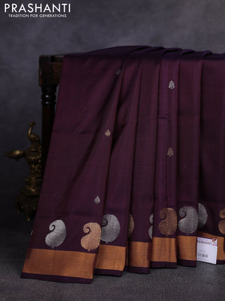 Pure uppada silk saree deep wine with allover silver & gold zari woven buttas and zari woven paisley butta border
