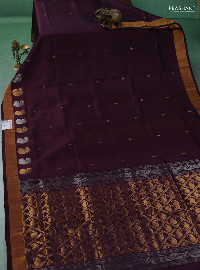 Pure uppada silk saree deep wine with allover silver & gold zari woven buttas and zari woven paisley butta border