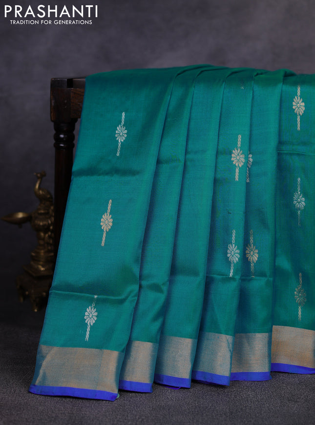 Pure uppada silk saree teal blue and violet with allover silver & gold zari woven buttas and zari woven border