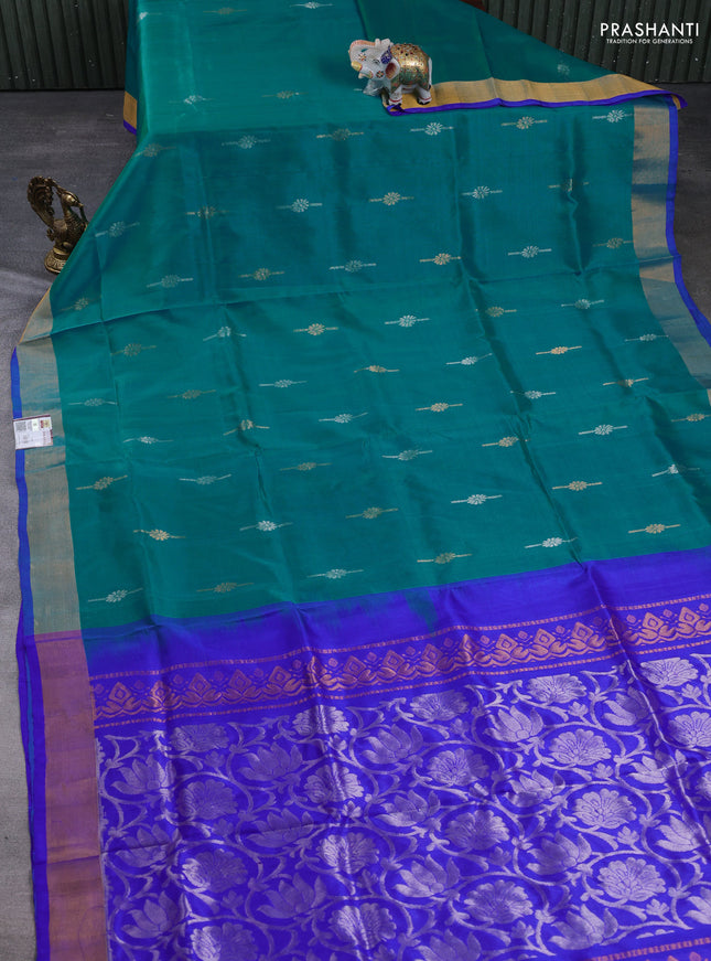 Pure uppada silk saree teal blue and violet with allover silver & gold zari woven buttas and zari woven border