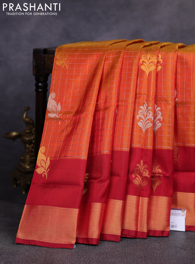 Pure uppada silk saree sunset orange and maroon with allover silver & gold zari checks & buttas and long zari woven butta border