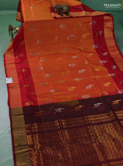 Pure uppada silk saree sunset orange and maroon with allover silver & gold zari checks & buttas and long zari woven butta border