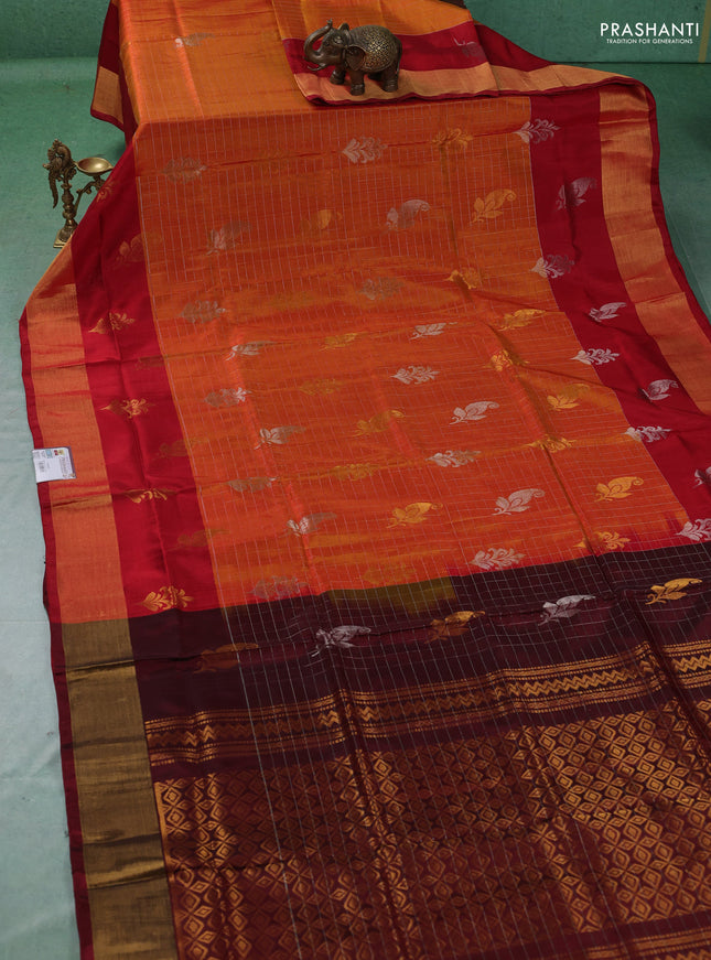Pure uppada silk saree sunset orange and maroon with allover silver & gold zari checks & buttas and long zari woven butta border