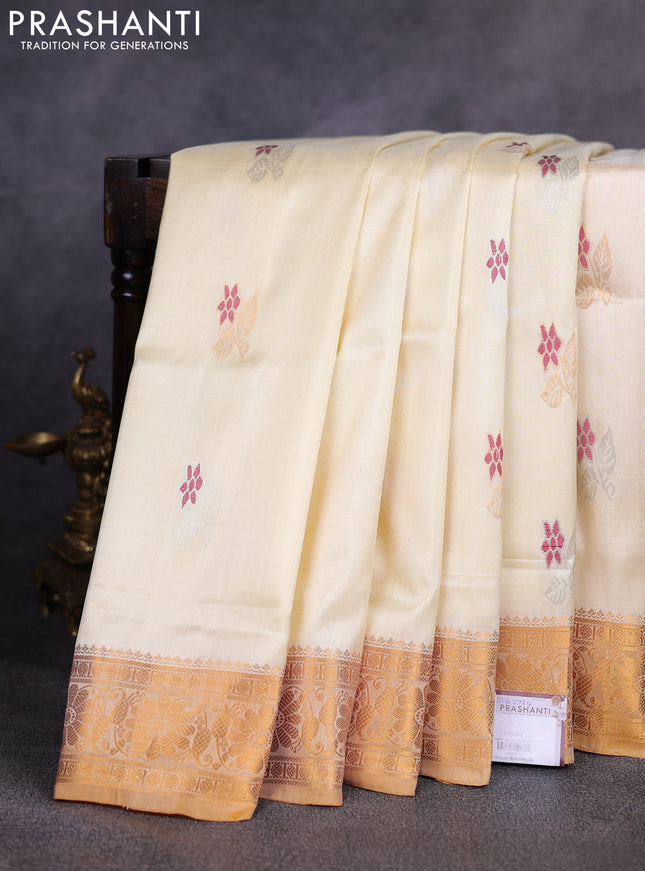 Pure uppada silk saree cream and yellow shade with allover thread & zari woven buttas and zari woven border