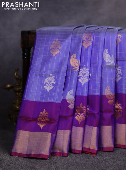 Pure uppada silk saree pastel violet and maroon with allover silver & gold zari checks & buttas and long zari woven butta border