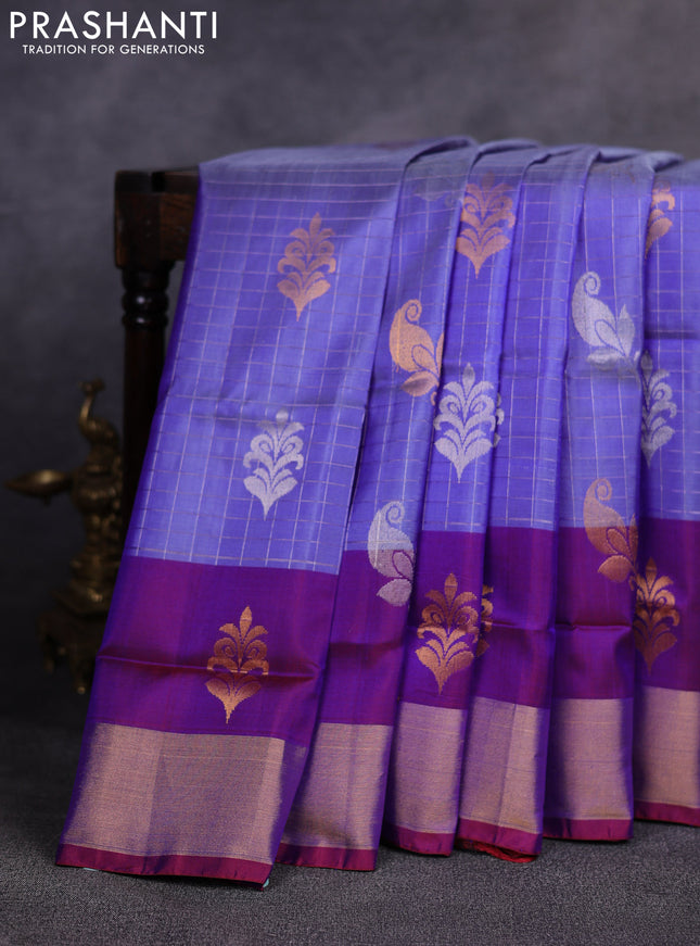 Pure uppada silk saree pastel violet and maroon with allover silver & gold zari checks & buttas and long zari woven butta border