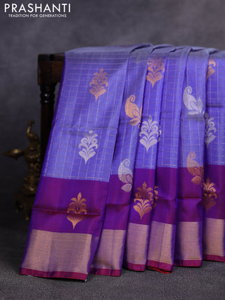 Pure uppada silk saree pastel violet and maroon with allover silver & gold zari checks & buttas and long zari woven butta border