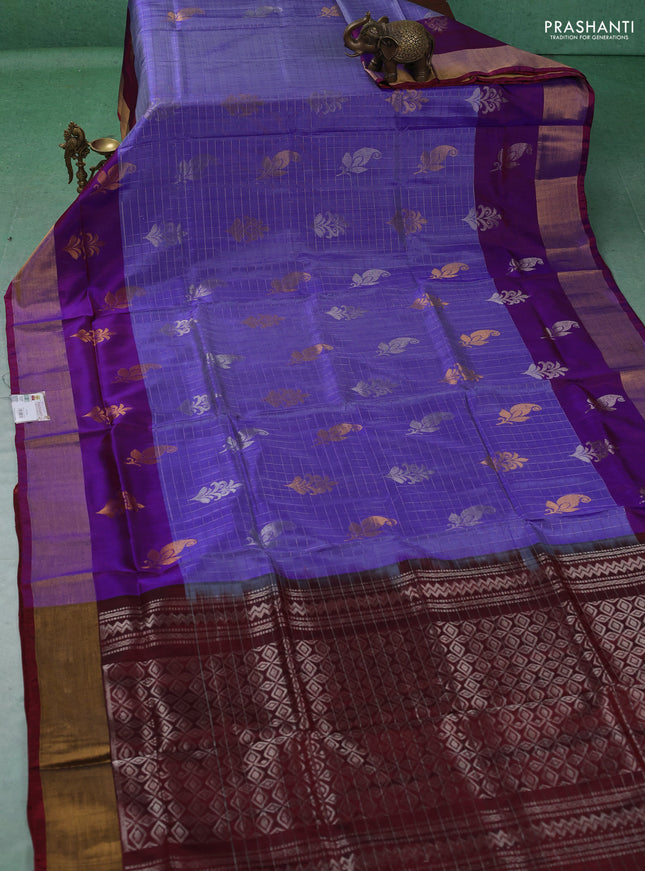 Pure uppada silk saree pastel violet and maroon with allover silver & gold zari checks & buttas and long zari woven butta border