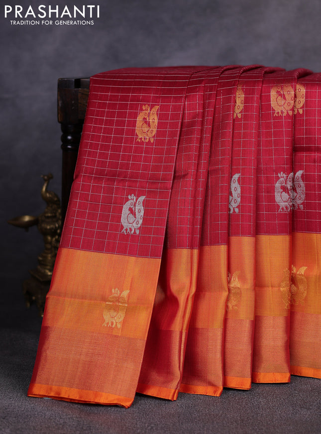 Pure uppada silk saree maroon and mustard yellow with allover silver & gold zari checks & buttas and long zari woven butta border